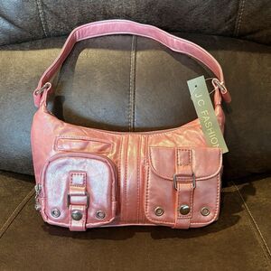 JC Fashion Pink Metallic Shoulder Bag Y2K Cargo Pocket Purse NWT Zip Top Handbag